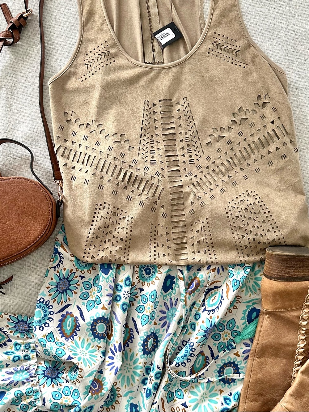 Suede Faux Laser Cut Tank Top Beige Taupe Sleeveless Boho Western